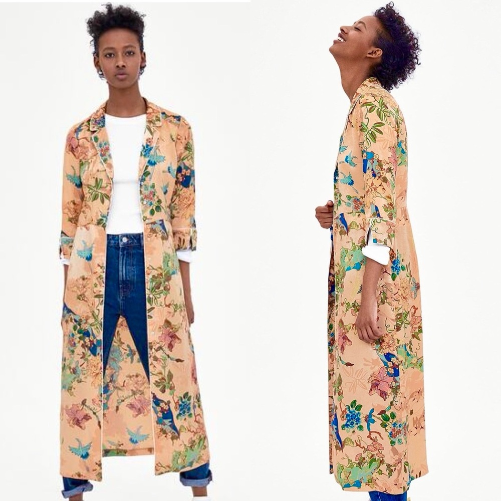 Zara Piped Floral Maxi Shirt Kimono Dress